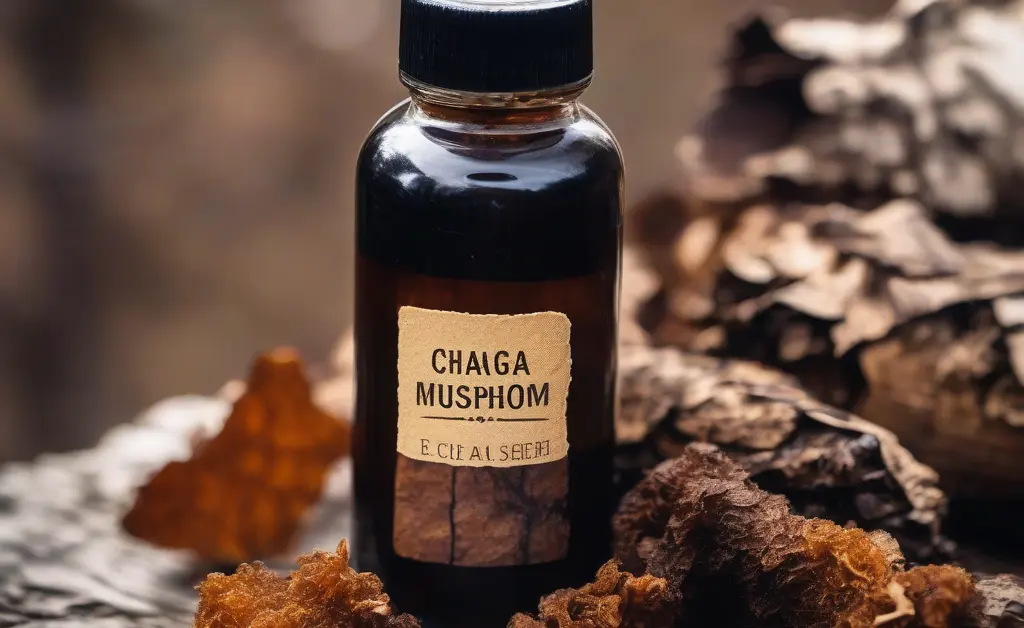 A glass bottle filled with chaga mushroom liquid extract surrounded by fresh chaga mushrooms and birch tree bark on a wooden table.