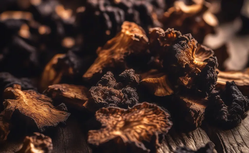 Close-up of dried chaga mushroom chunks on a wooden surface illustrating chaga mushroom liver toxicity risks