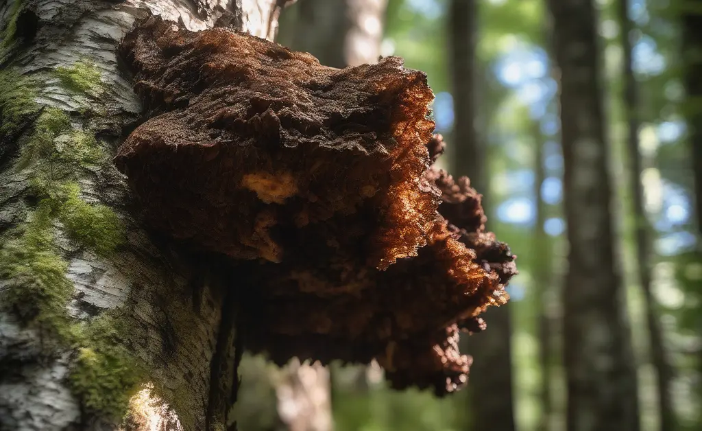 A close-up of a dark, textured chaga mushroom growing on a birch tree in a sunlit forest, highlighting chaga mushroom medicinal benefits.