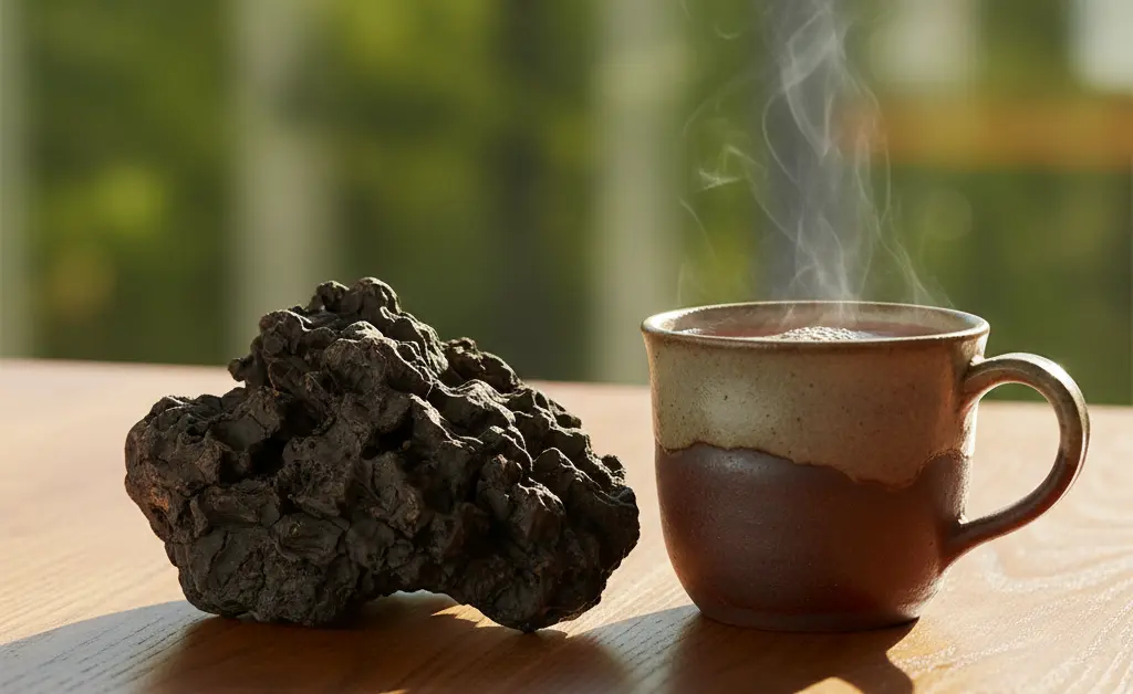 A comprehensive guide to chaga mushroom nz showing raw chaga chunks and a steaming tea on a rustic wooden surface.