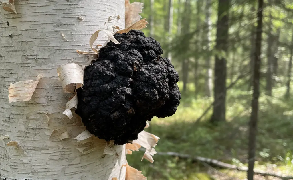 A detailed close-up shows a large, dark chaga mushroom on birch tree bark in a sunlit forest.