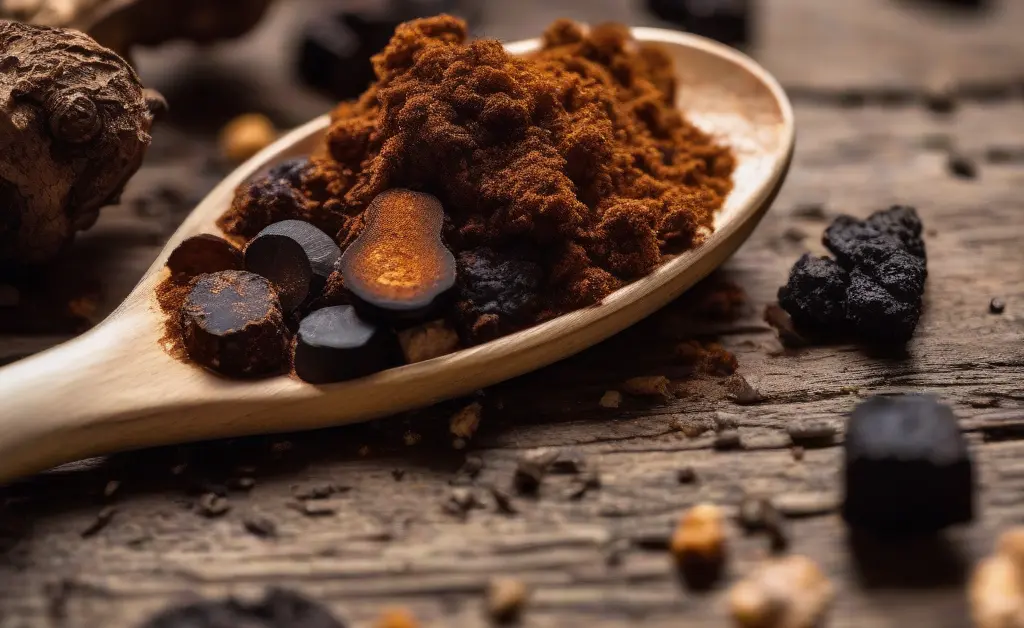 A close-up of a wooden spoon filled with chaga mushroom pills resting on a rustic table surrounded by pieces of raw chaga mushroom.