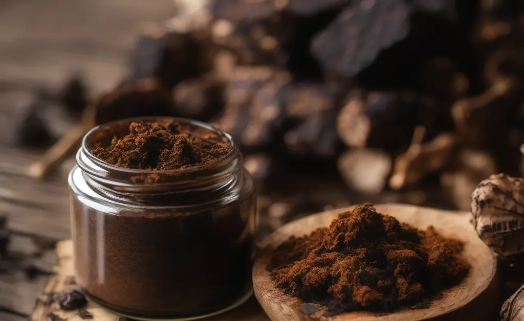 A rustic wooden table with a jar of chaga mushroom powder alongside broken chunks of chaga fungus, illustrating the concept of chaga mushroom powder benefits naturally.