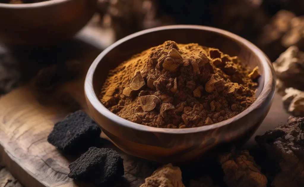 A close-up of a wooden bowl filled with chaga mushroom powder surrounded by chunks of dried chaga fungus on a rustic wooden table.