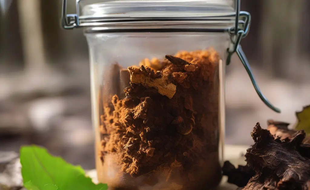 A jar of chaga mushroom powder for hair growth placed on a wooden surface next to fresh birch tree bark and natural herbs in soft natural light.