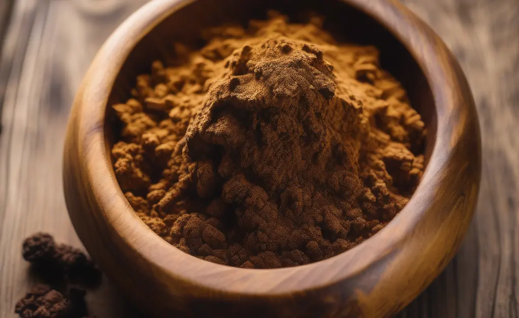 A close-up of high-quality chaga mushroom powder for sale displayed in a rustic wooden bowl with natural lighting emphasizing its rich, earthy texture.