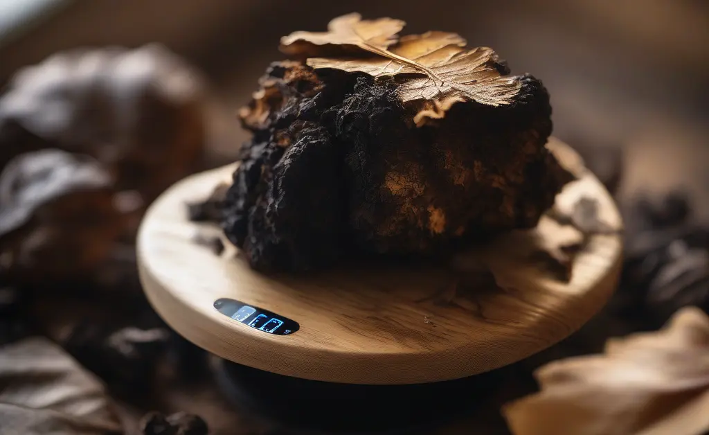 A high-quality chaga mushroom chunk on a digital scale next to a calculator, illustrating the factors that influence the Chaga Mushroom Price Per KG.