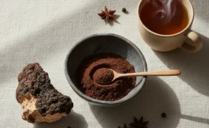 An elegant display of different forms of chaga mushroom qatar, including raw chunks and a finely ground powder.