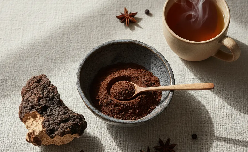 An elegant display of different forms of chaga mushroom qatar, including raw chunks and a finely ground powder.