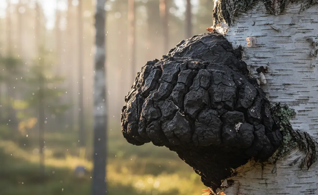 A large, dark chaga conk grows on a silver birch tree, a classic example of the chaga mushroom russia in its native taiga environment.