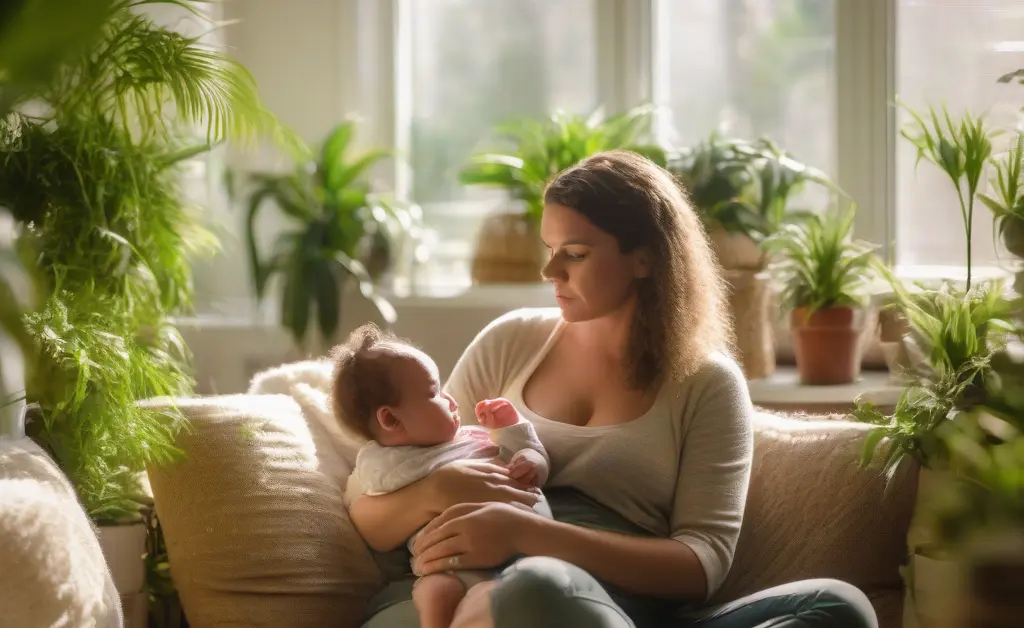A breastfeeding mother thoughtfully considering the use of chaga mushroom safe for breastfeeding while sitting in a cozy, sunlit living room with natural houseplants around her.