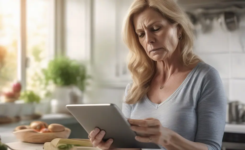A concerned mother reading about chaga mushroom safe for kids on a tablet in a bright modern kitchen