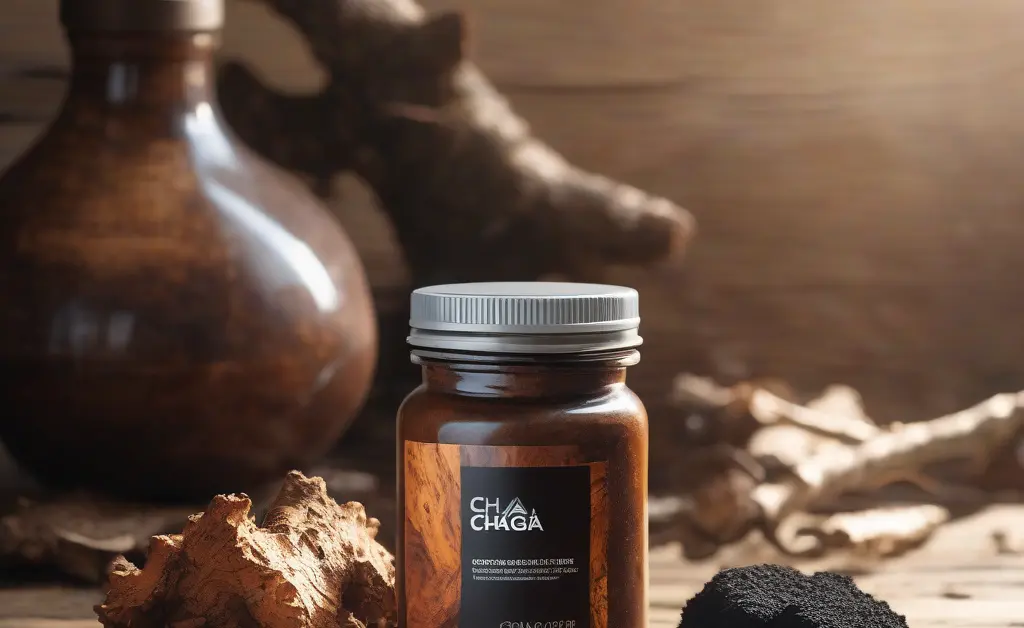 A close-up of a chaga mushroom supplement bottle placed on a wooden surface surrounded by fresh chaga mushrooms and natural birch tree bark in soft natural light.