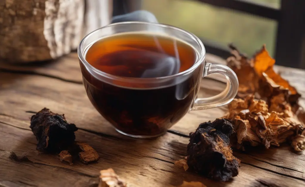 A steaming cup of chaga mushroom tea placed on a rustic wooden table surrounded by chunks of raw chaga mushroom and birch bark.