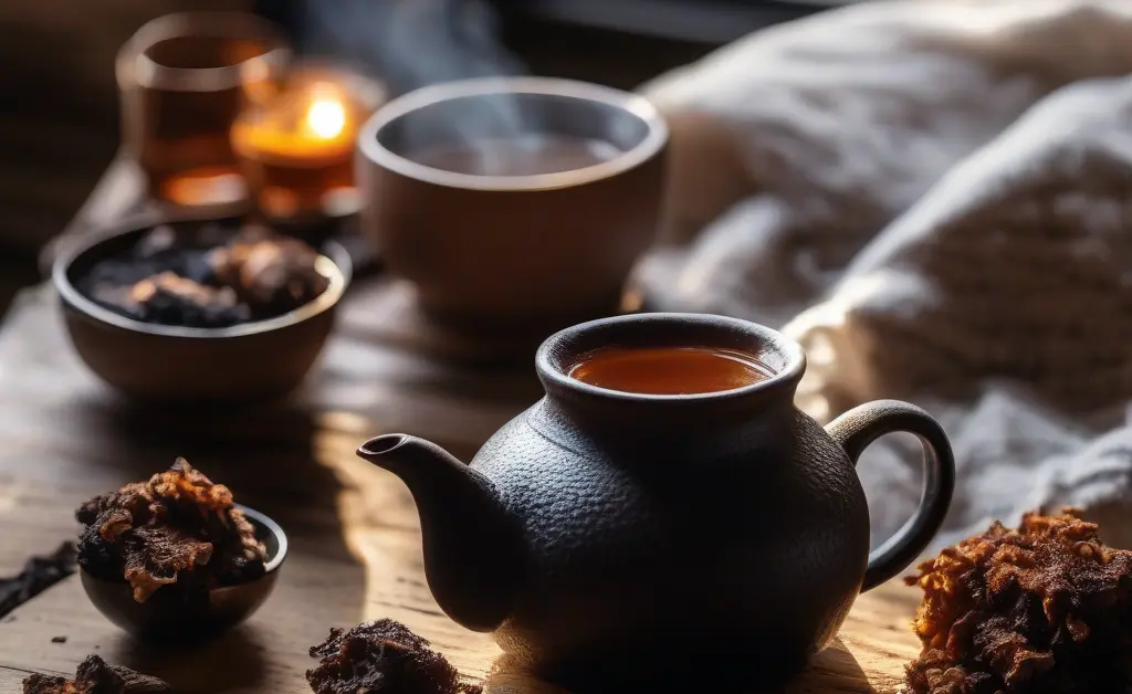 A steaming cup of chaga mushroom tea recipe on a rustic wooden table surrounded by raw chaga mushroom chunks and brewing utensils.