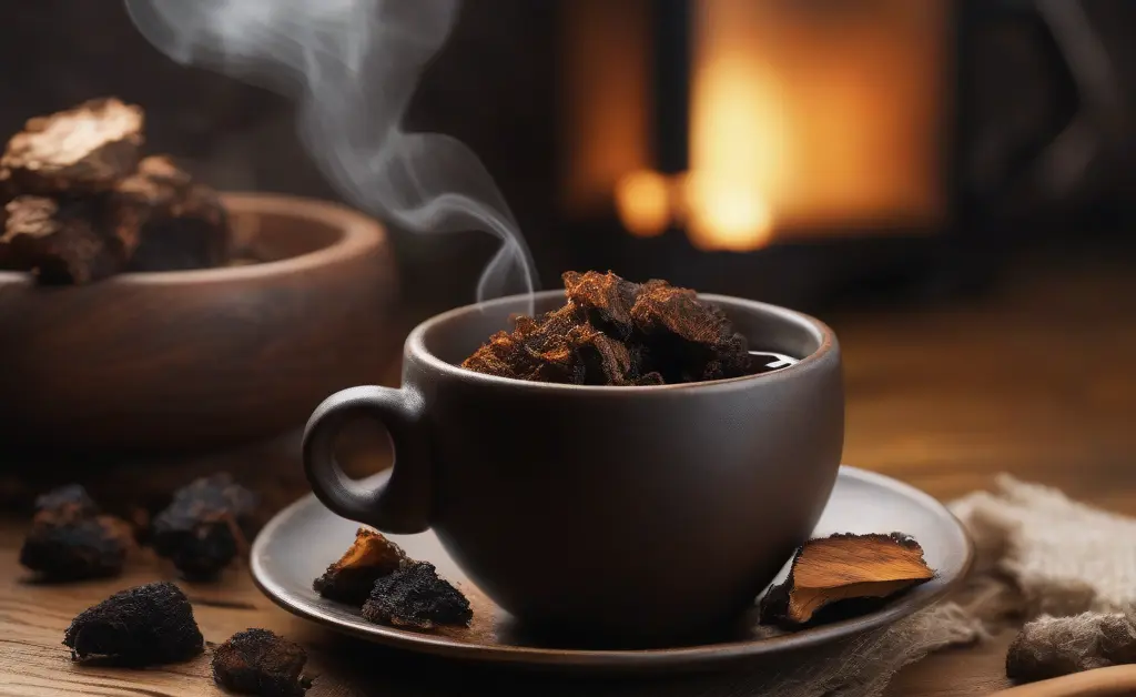 Close-up of a steaming cup of chaga mushroom tea on a rustic wooden table illustrating chaga mushroom tea side effects.