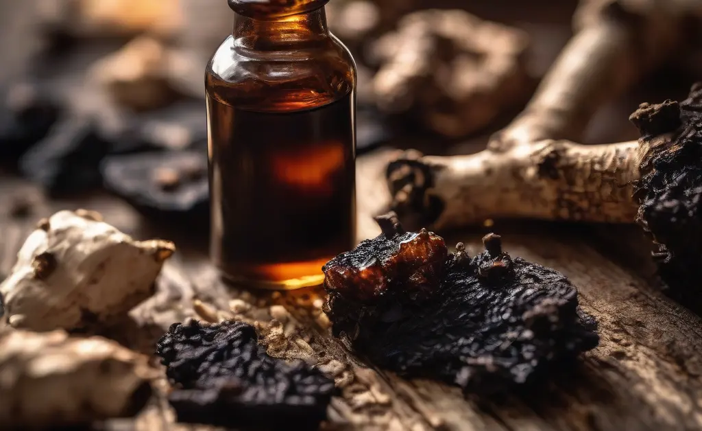 A close-up of a glass dropper dispensing chaga mushroom tincture over a wooden surface with pieces of chaga mushroom and birch bark in soft natural light.