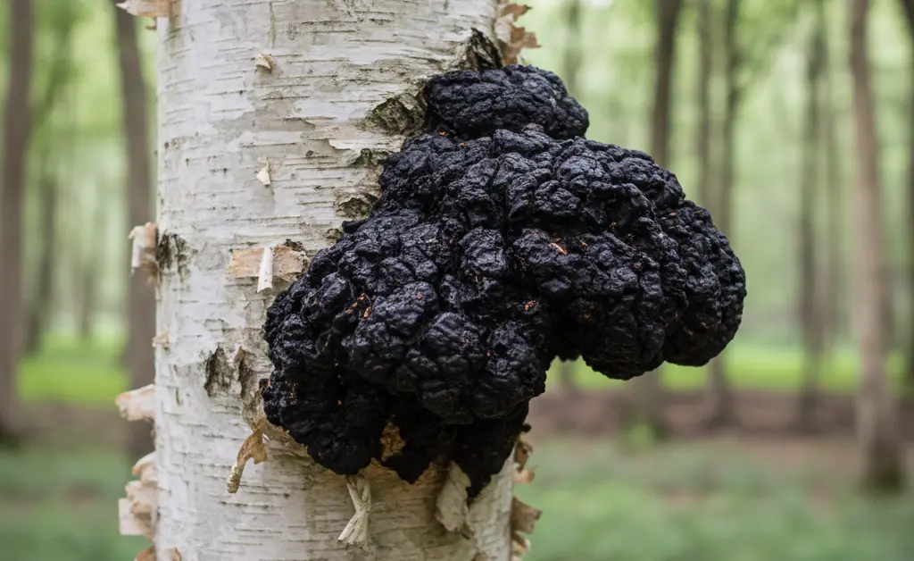 A detailed close-up of a large, dark chaga conk growing on the side of a silver birch tree, a prime example of Chaga Mushroom UK in its natural habitat.