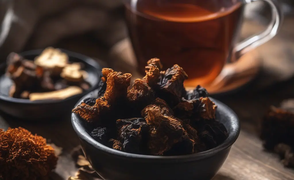 A rustic wooden table showcasing dried chaga mushroom pieces alongside a steaming cup of herbal tea illustrating chaga mushroom usage.