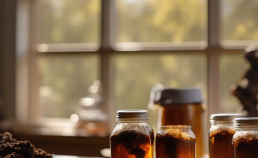 A glass bottle filled with amber chaga tea kombucha surrounded by chaga mushroom chunks and kombucha brewing jars in a bright kitchen setting.