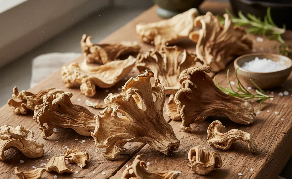 A carefully arranged display of dried maitake mushrooms showcases their intricate, frilly textures.