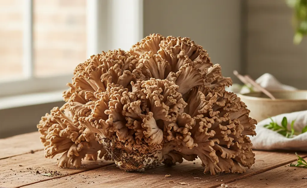 A beautiful, artfully arranged display of fresh maitake mushrooms, ready for culinary exploration.