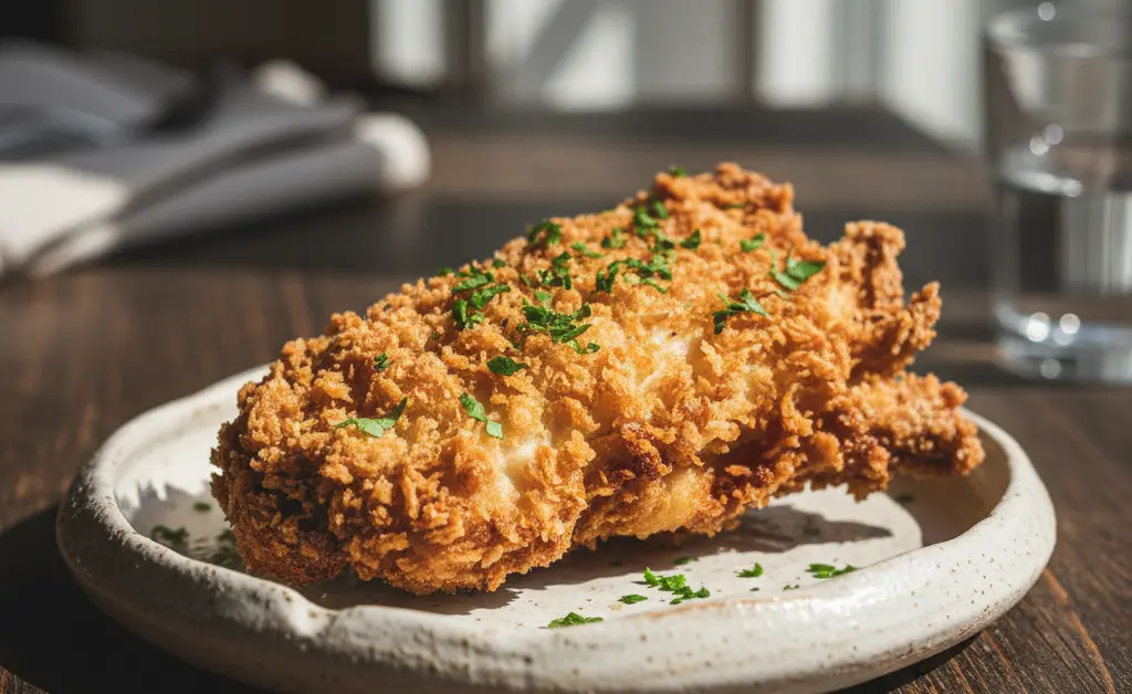 A perfectly golden-brown fried maitake mushroom is presented on a minimalist ceramic plate with a side of fresh lemon.