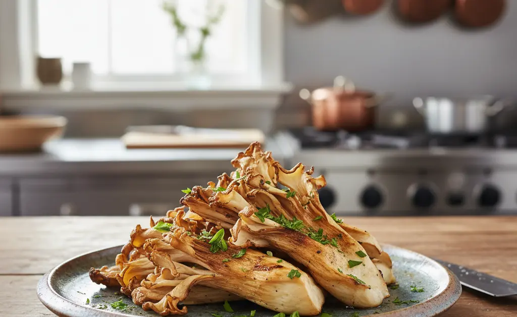 A beautifully plated grilled maitake mushroom dish, garnished with fresh herbs and a slice of lemon.