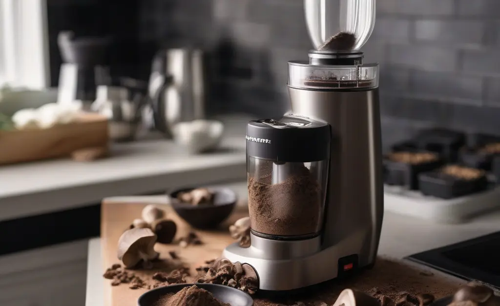 A close-up shot captures the methodical process of Grinding Chaga in a modern electric grinder, transforming dark chunks into a fine, rich powder.