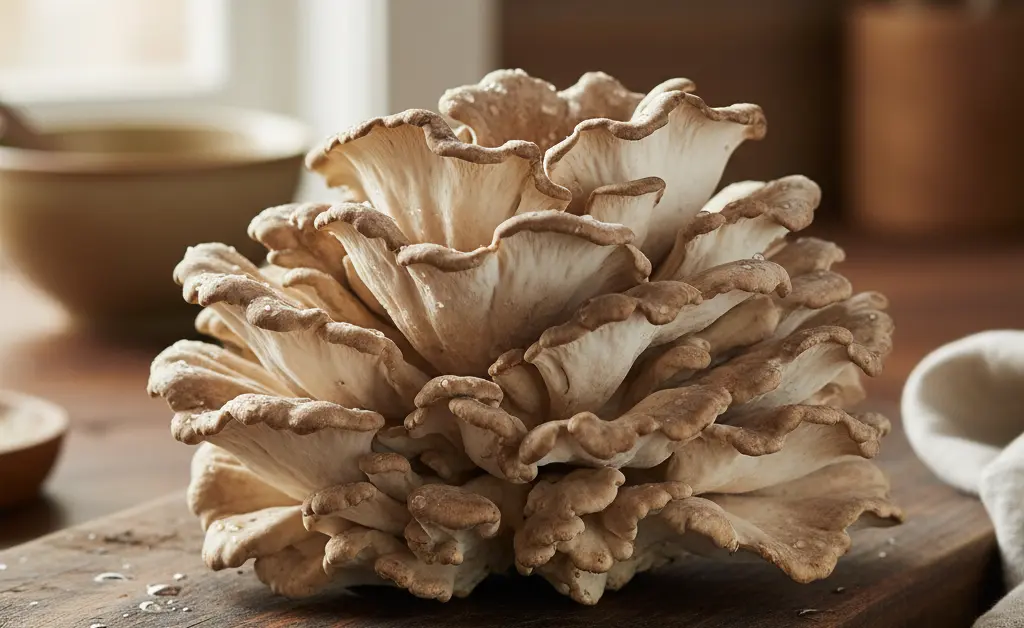 A close-up, photorealistic shot showcases a beautifully foraged hen of the woods mushroom resting on a rustic wooden board, ready for culinary preparation.