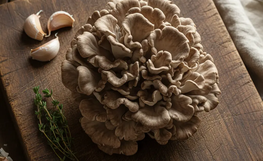 A beautiful cluster of fresh maitake mushrooms on a rustic wooden cutting board illustrates the first step in how to cook maitake mushroom.