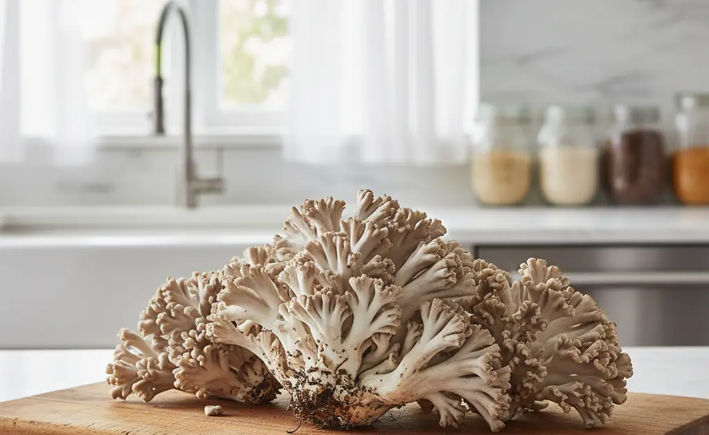 A freshly harvested cluster of maitake mushrooms on a rustic table illustrates the successful result of learning how to grow maitake mushroom at home.
