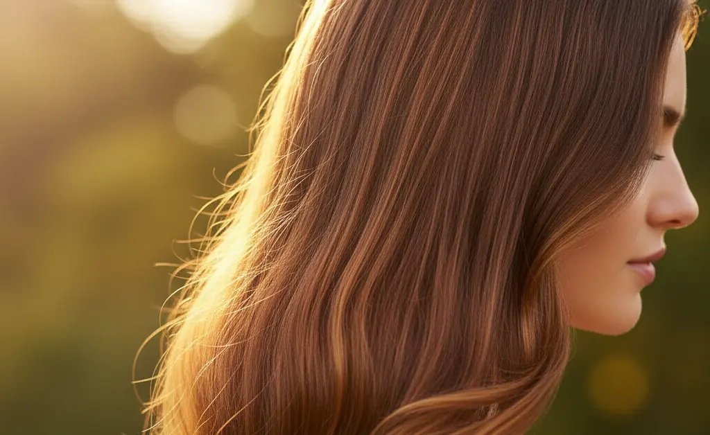 A close-up photograph focusing on the healthy, shiny texture of a woman's long, dark hair.