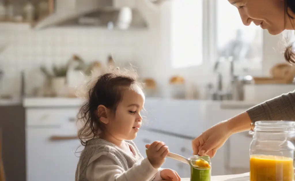 A parent gently giving a child a spoonful of natural supplement in a cozy kitchen environment symbolizing safe supplement use.