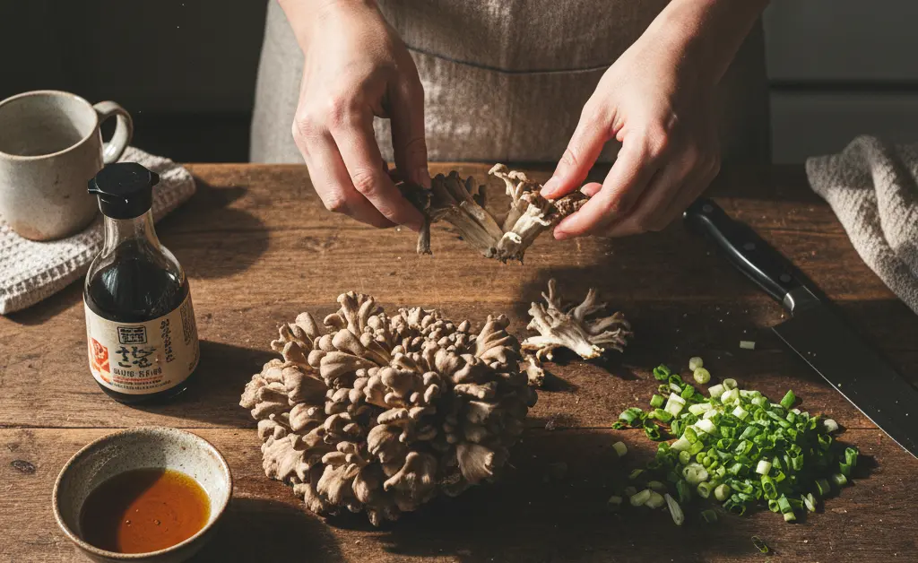 A beautifully prepared dish illustrates a delicious japanese maitake mushroom recipe served in a minimalist ceramic bowl.