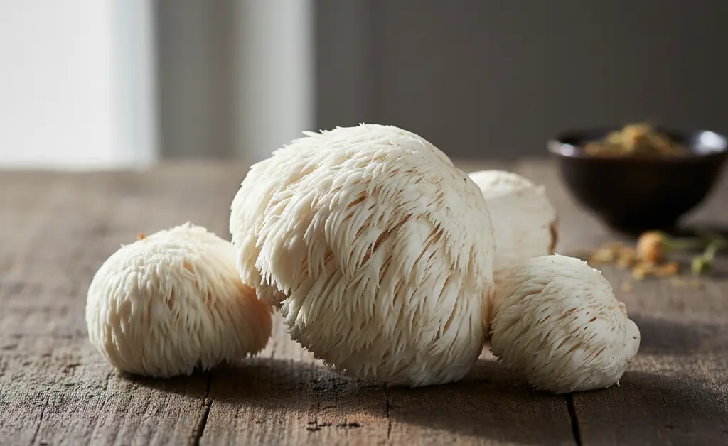 A close-up, slightly blurred image of fresh lion's mane mushrooms on a rustic wooden surface, hinting at the topic of lion's mane mushroom allergy.