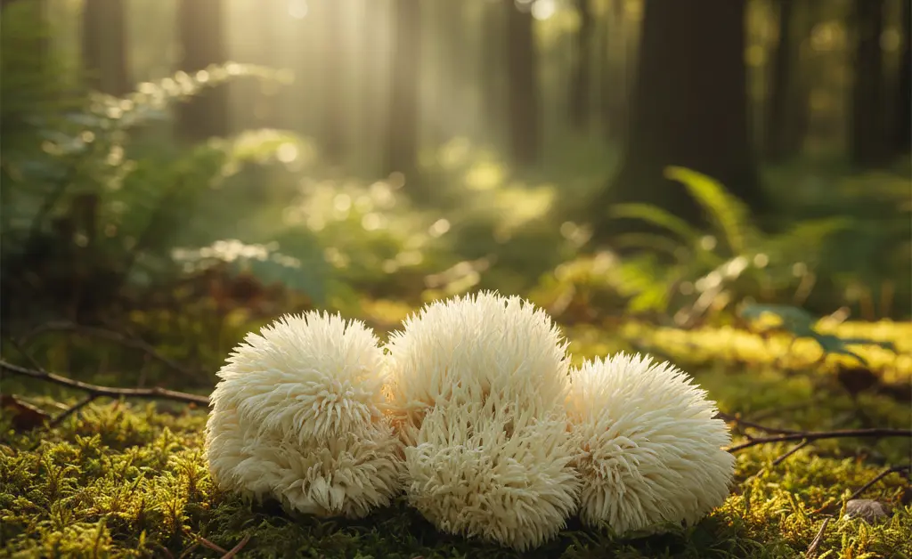 A serene, sun-dappled forest scene highlighting a cluster of lion's mane mushroom, representing lion's mane mushroom anxiety relief.