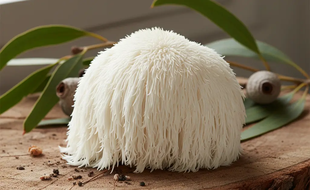 A visually stunning photograph showcases a fresh lion's mane mushroom australia, emphasizing its unique texture and natural growth environment.