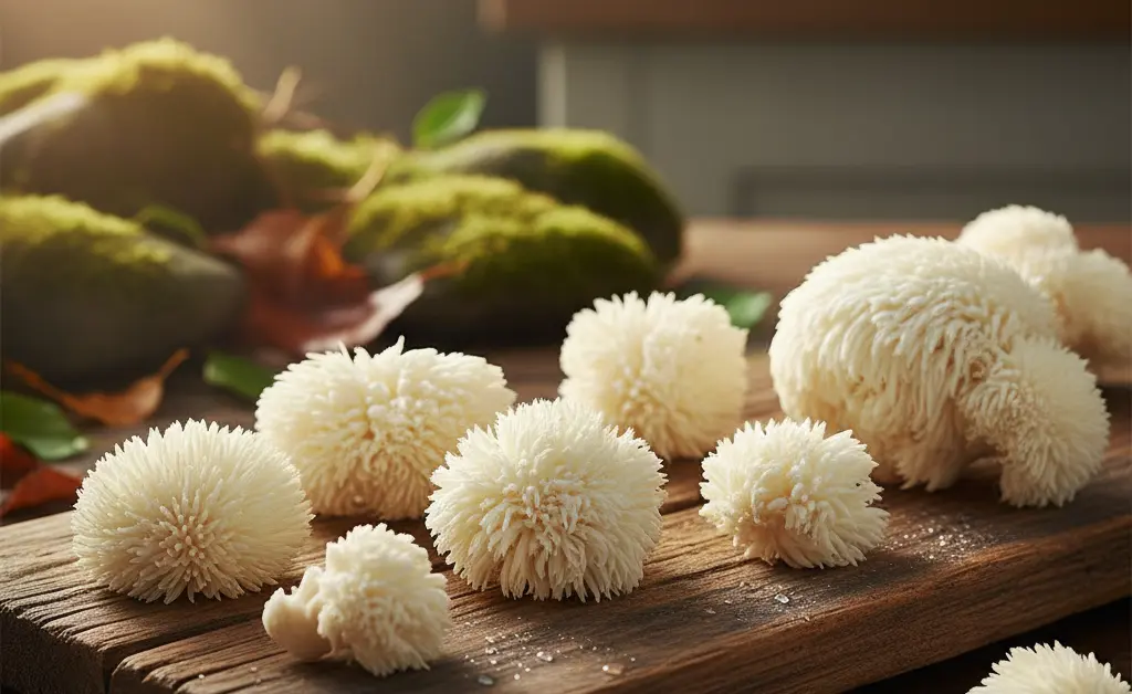 A close-up, artfully arranged selection of fresh lion's mane mushroom benefits is presented in a natural, earthy setting.