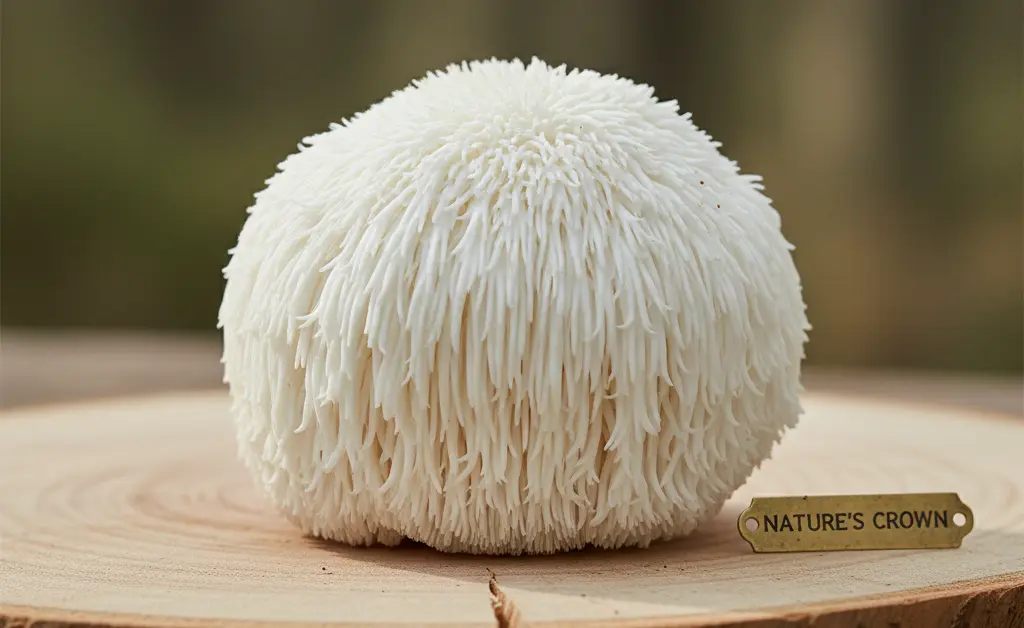 A close-up, natural light photograph of a fresh lion's mane mushroom, symbolizing the potential of lion's mane mushroom for brain support.