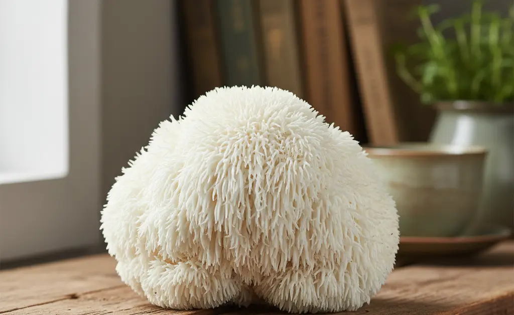 A close-up, artful shot of a vibrant lion's mane mushroom with a soft, diffused natural light, evoking clarity and mental sharpness; this image represents the benefits of lion's mane mushroom for focus.