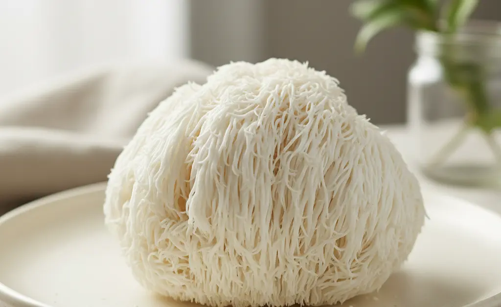A close-up, photorealistic shot of a whole lion's mane mushroom with its delicate, cascading tendrils, representing the potential of lion's mane mushroom for memory.