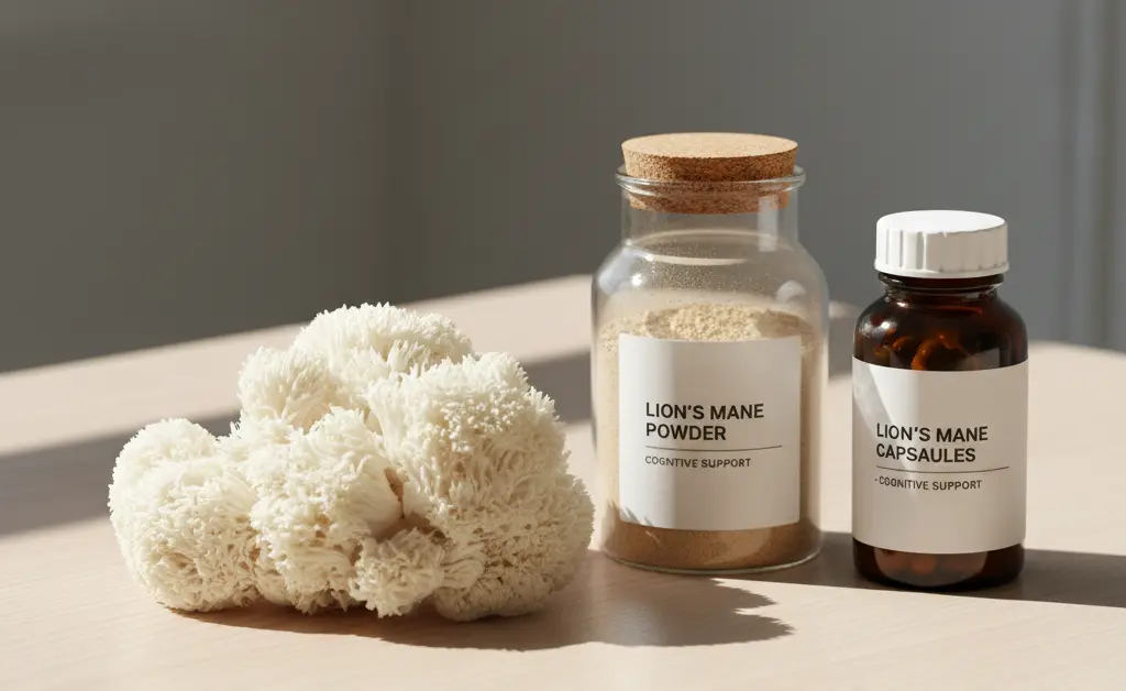 A visually appealing display showcasing various forms of lion's mane mushroom products, illustrating the range that influences the lion's mane mushroom price.