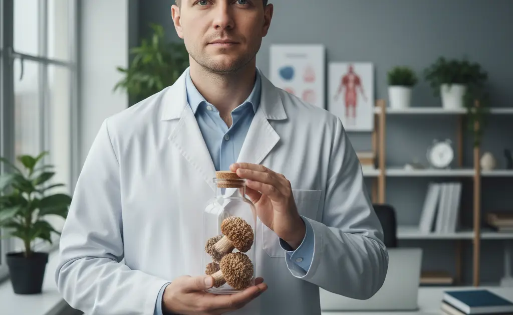 A physician carefully examines a bottle of lion's mane mushroom side effects information.