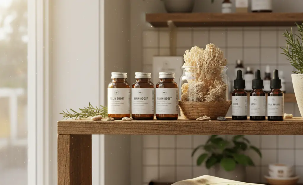 A diverse selection of products showcasing the lion's mane mushroom where to buy uk, arranged artfully on a wooden shelf in a bright, natural light setting.