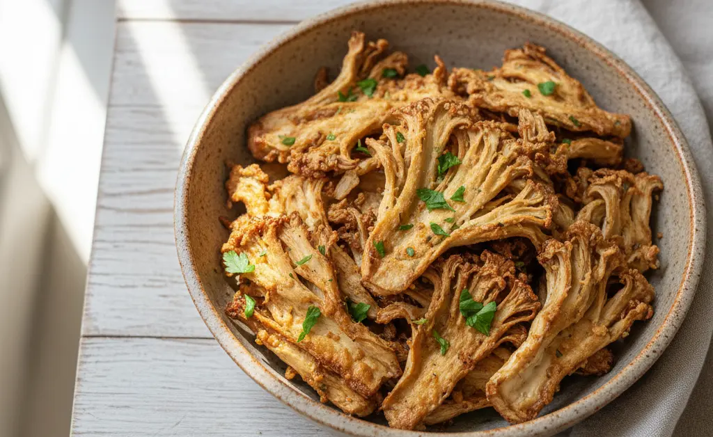 A beautiful white plate displaying the final results of a crispy maitake mushroom air fryer recipe, garnished with fresh herbs.