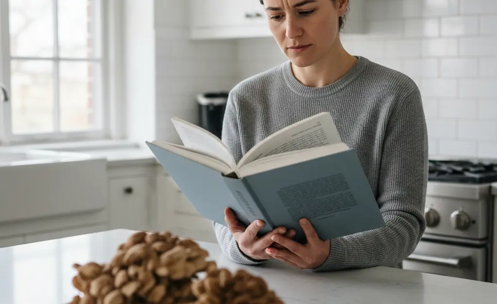 A concerned person carefully reads an informational guide about the signs and symptoms of a maitake mushroom allergy.