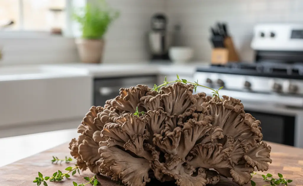 A beautifully arranged selection of fresh maitake mushroom australia on a rustic wooden board, ready for culinary preparation.