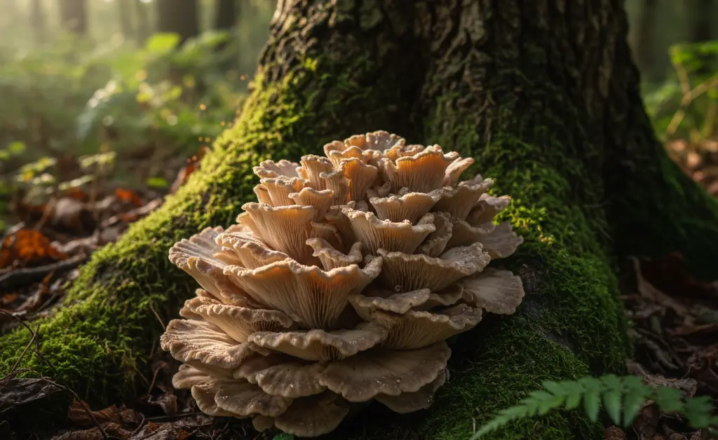 A fresh cluster of hen-of-the-woods fungi at the base of a tree illustrates the various maitake mushroom benefits for overall wellness.