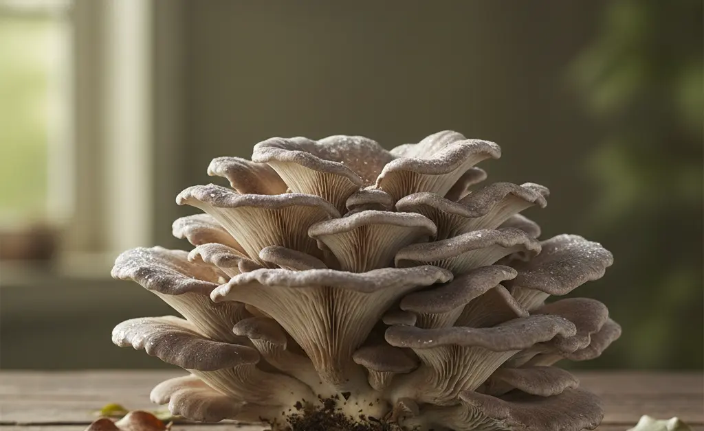 A beautiful cluster of fresh maitake mushrooms on a rustic wooden surface, illustrating the maitake mushroom benefits for brain.